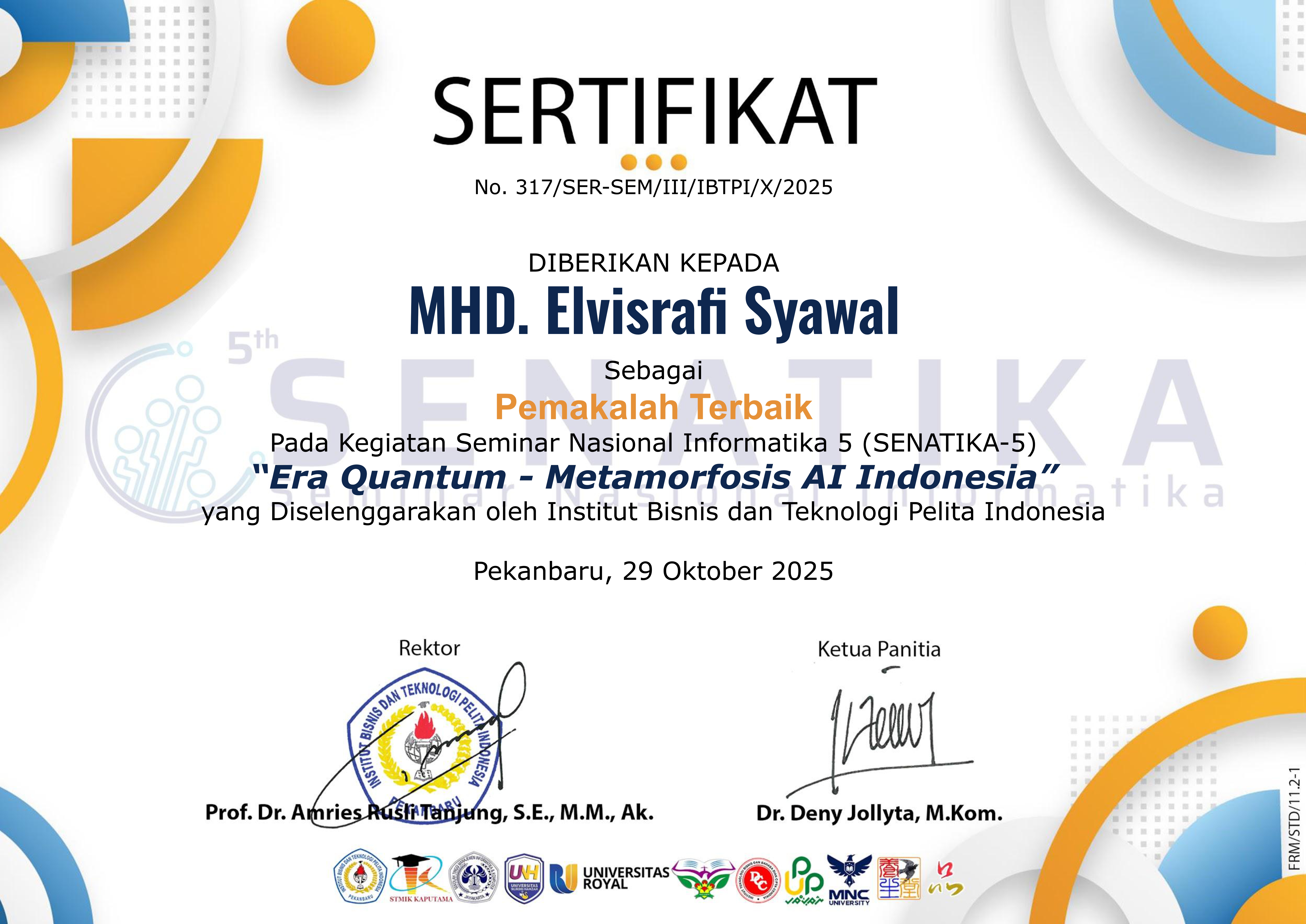 Sertifikat SENATIKA Pemakalah Terbaik