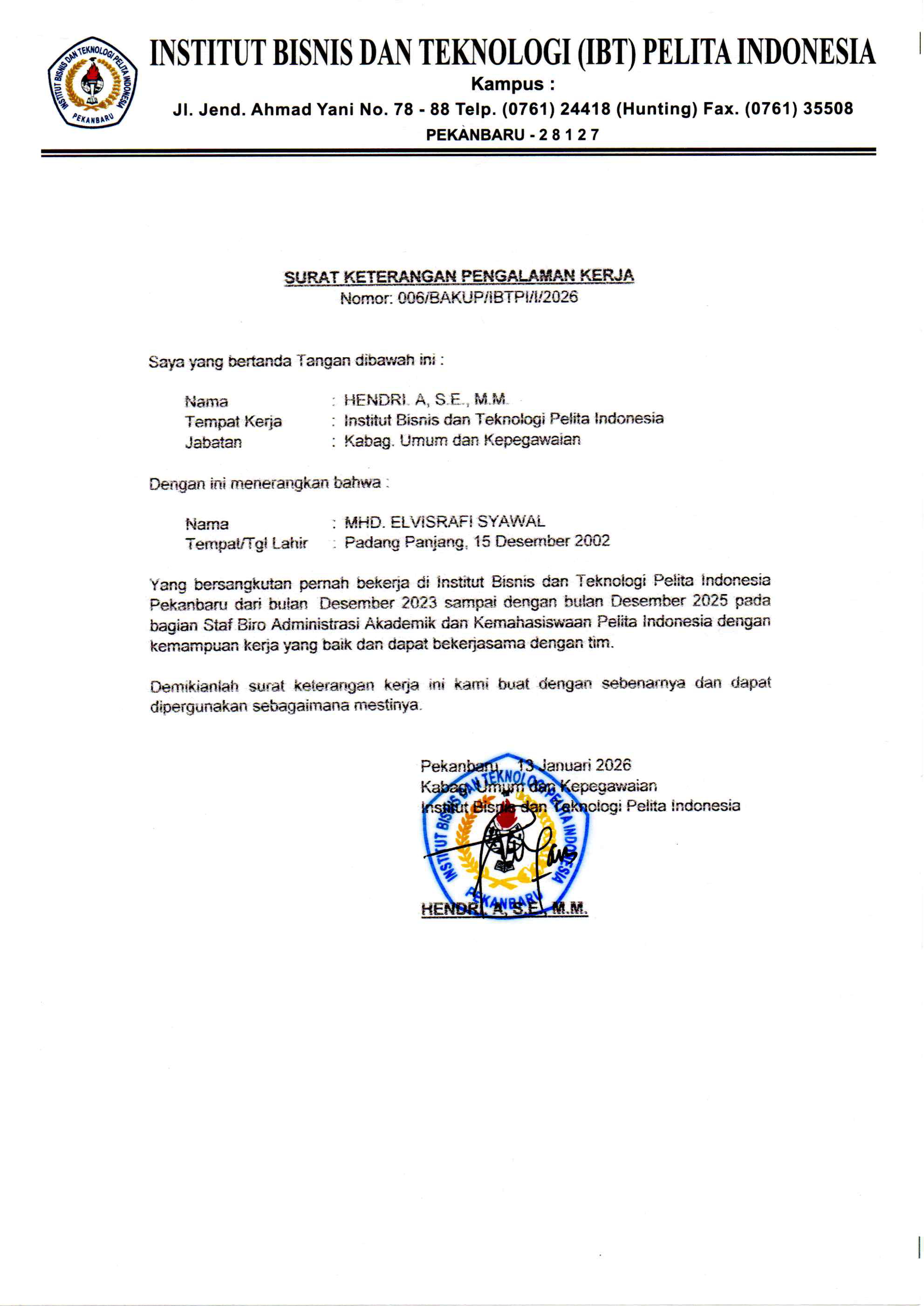 Surat Pengalaman Kerja BAAK